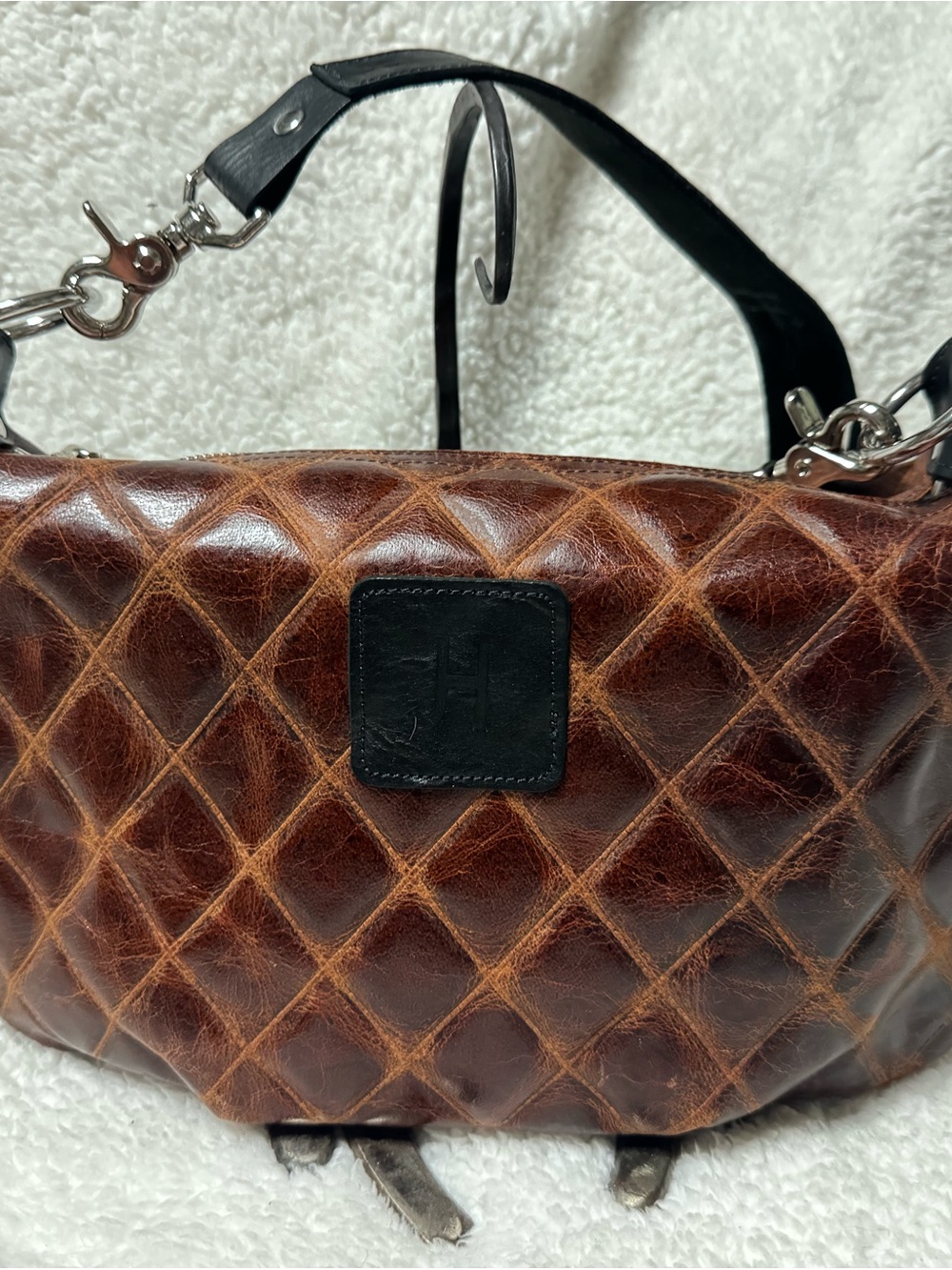 Jills Homestead Quilted Brown Leather Shoulder Bag with Black Strap JH